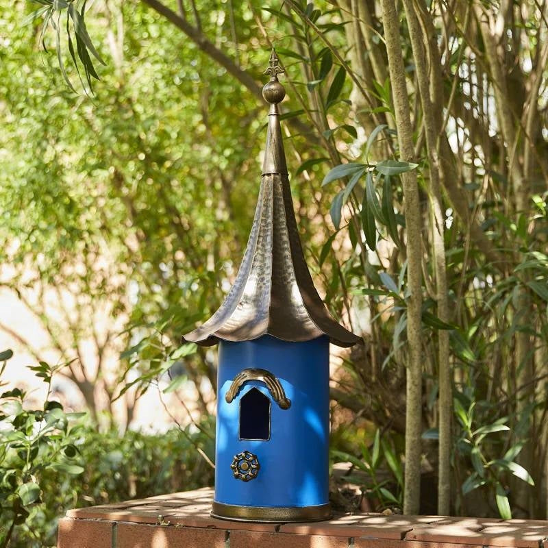 Outdoor Teal Blue Metal Birdhouse with Vintage Bronze Phonograph Style Roof LuxuryLifeWay Online Store