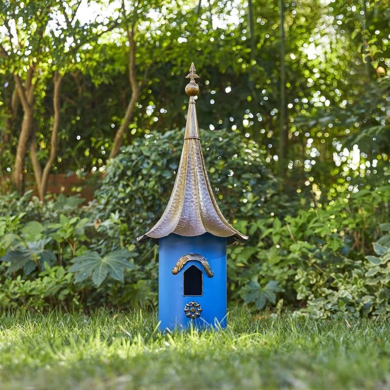 Outdoor Teal Blue Metal Birdhouse with Vintage Bronze Phonograph Style Roof LuxuryLifeWay Online Store
