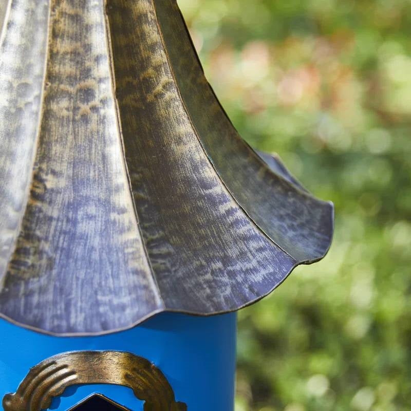 Outdoor Teal Blue Metal Birdhouse with Vintage Bronze Phonograph Style Roof LuxuryLifeWay Online Store