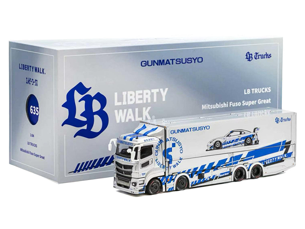 Mitsubishi Fuso Super Great Transporter RHD (Right Hand Drive) "LB-Trucks - Gunmatsusyo" Silver Metallic with Blue Graphics "Tokyo Auto Salon (TAS) 2026 Exclusive" 1/64 Diecast Model by GCD LuxuryLifeWay Online Store