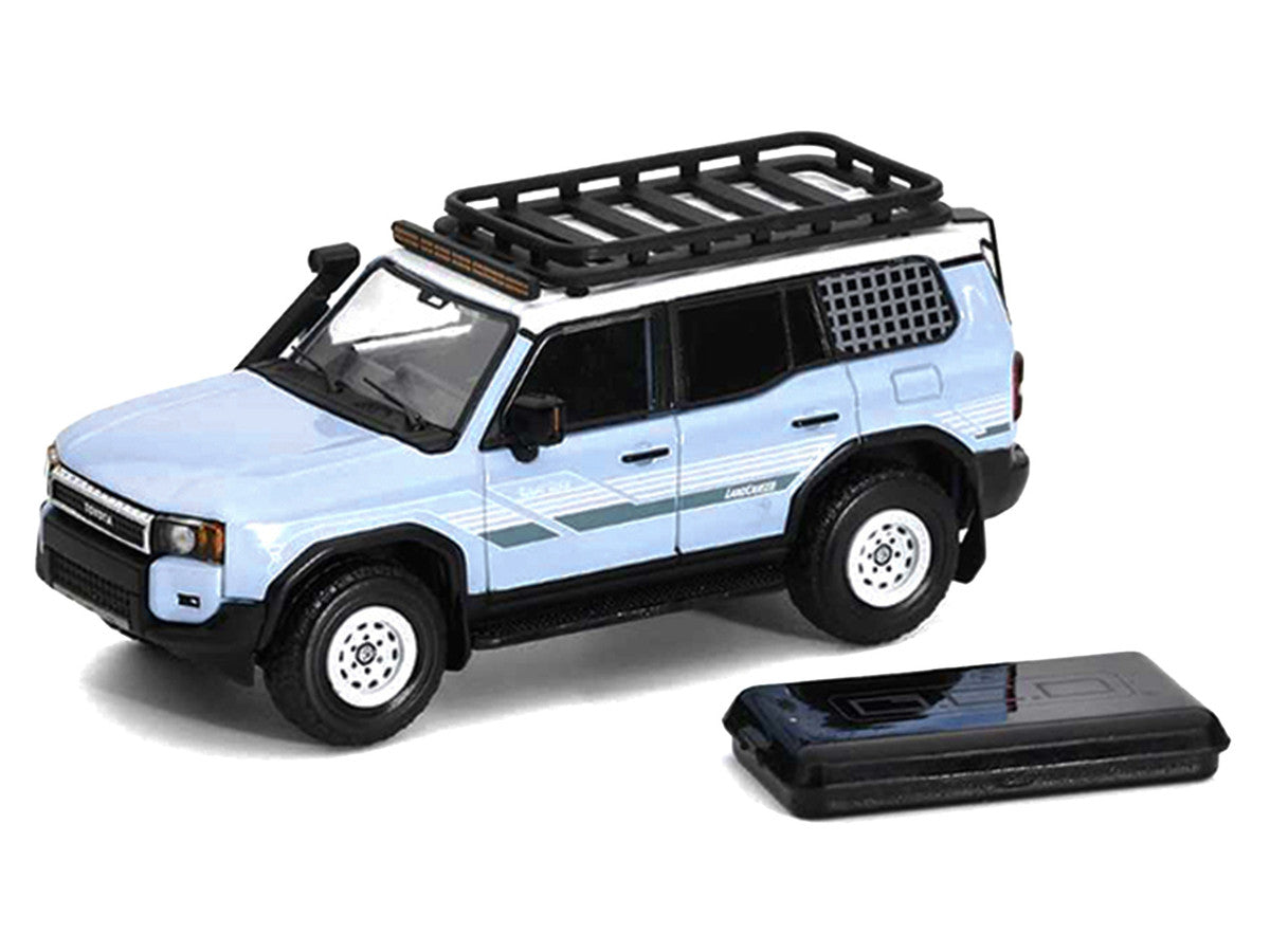 2024 Toyota Land Cruiser Prado Light Blue with White Top and Stripes with Roof Rack and Accessory 1/64 Diecast Model Car by GCD LuxuryLifeWay Online Store