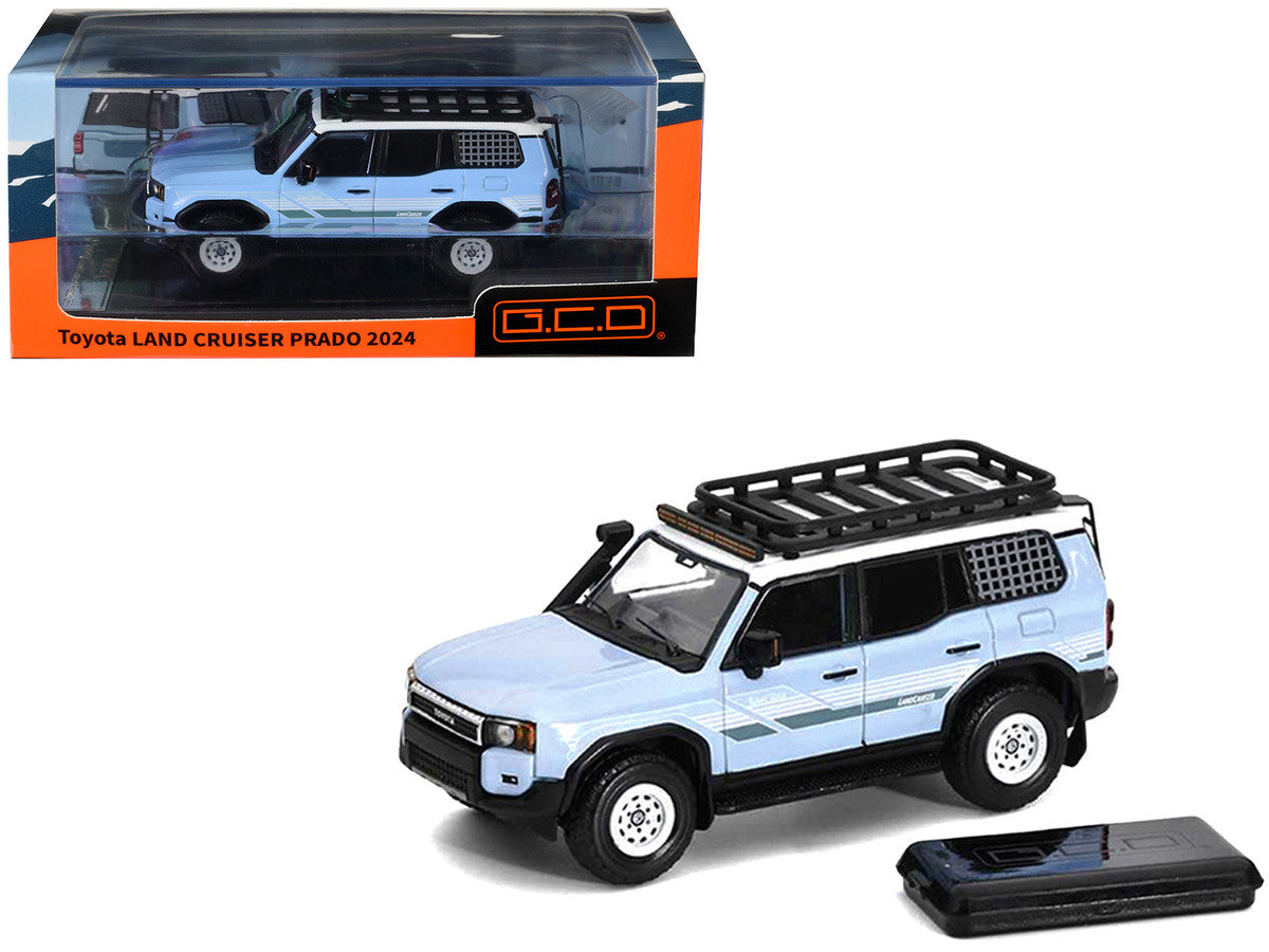 2024 Toyota Land Cruiser Prado Light Blue with White Top and Stripes with Roof Rack and Accessory 1/64 Diecast Model Car by GCD LuxuryLifeWay Online Store
