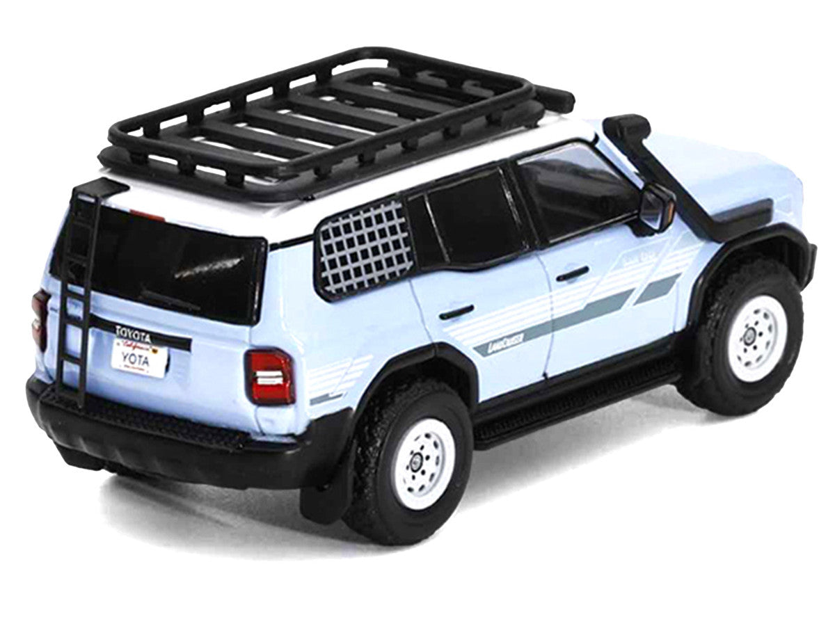 2024 Toyota Land Cruiser Prado Light Blue with White Top and Stripes with Roof Rack and Accessory 1/64 Diecast Model Car by GCD LuxuryLifeWay Online Store