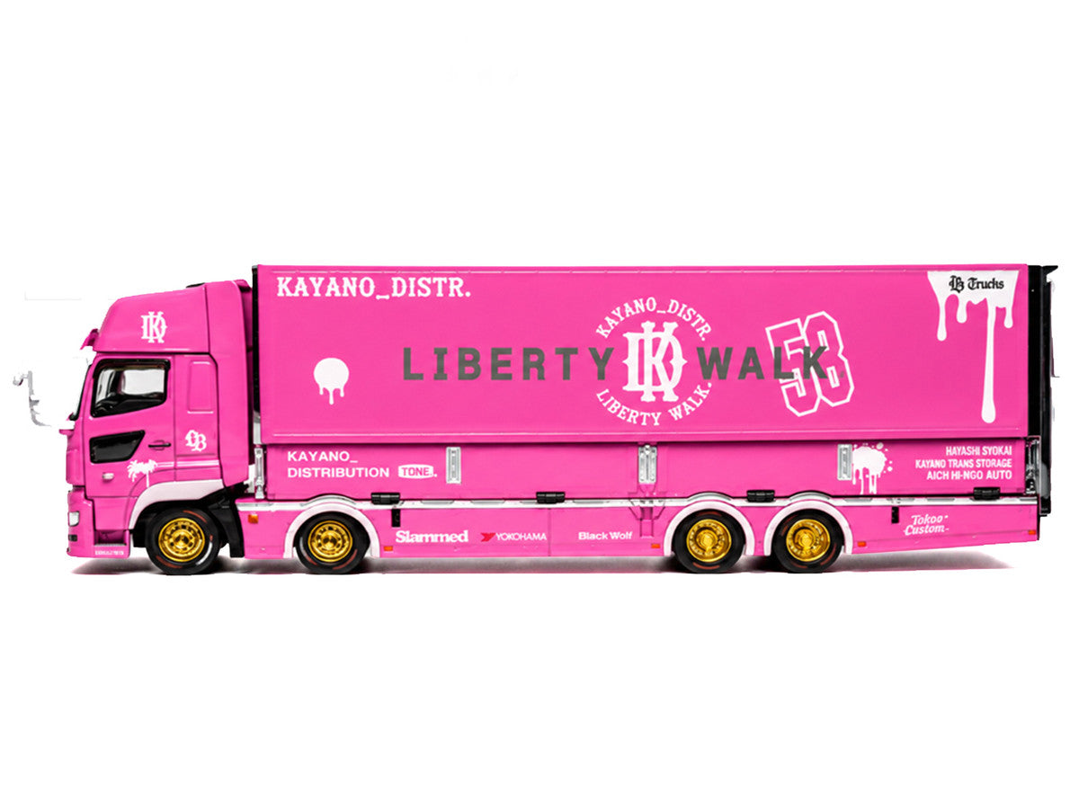 Hino 700 Transporter RHD (Right Hand Drive) "LB-Trucks - Kayano_Distr." Pink Metallic with Graphics 1/64 Diecast Model by GCD LuxuryLifeWay Online Store