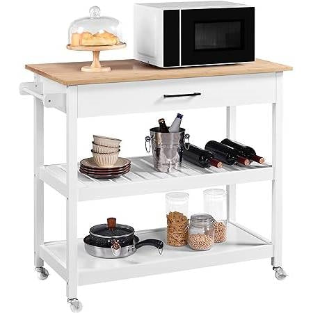 White Kitchen Island Cart with Drawer Storage Shelves and Locking Casters LuxuryLifeWay Online Store