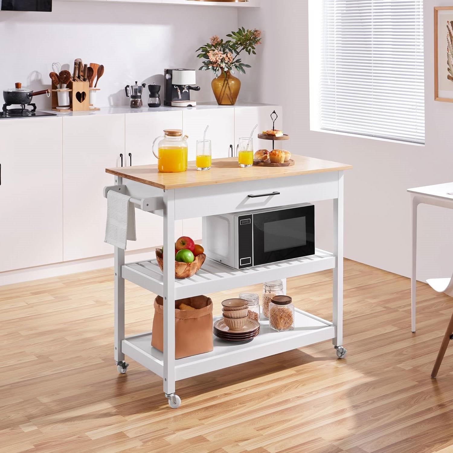 White Kitchen Island Cart with Drawer Storage Shelves and Locking Casters LuxuryLifeWay Online Store
