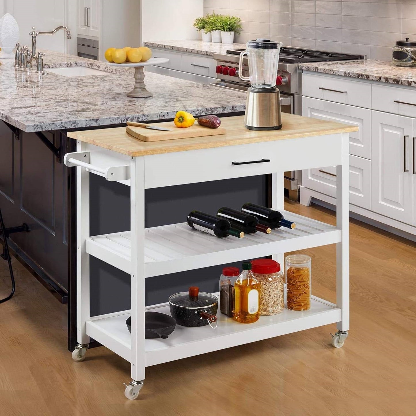 White Kitchen Island Cart with Drawer Storage Shelves and Locking Casters LuxuryLifeWay Online Store