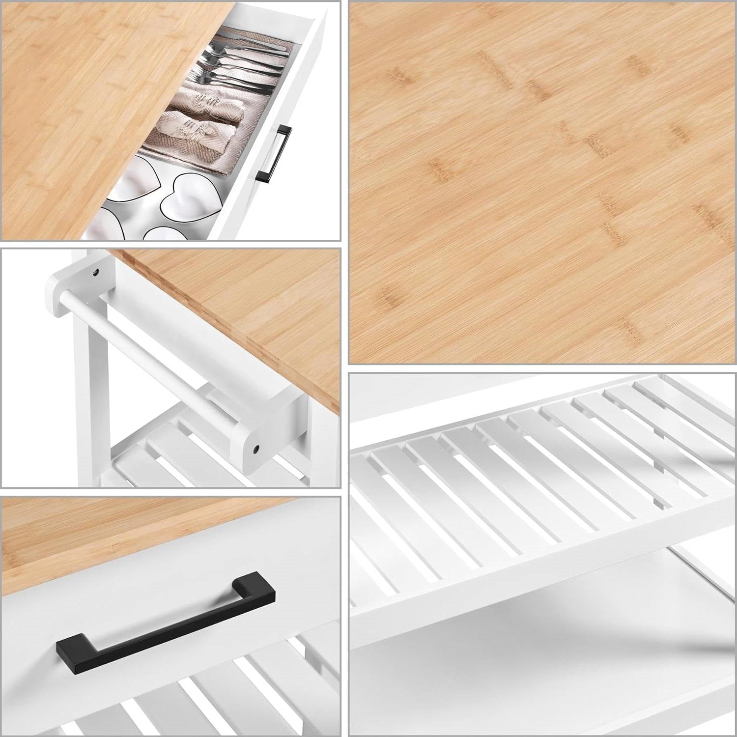 White Kitchen Island Cart with Drawer Storage Shelves and Locking Casters LuxuryLifeWay Online Store