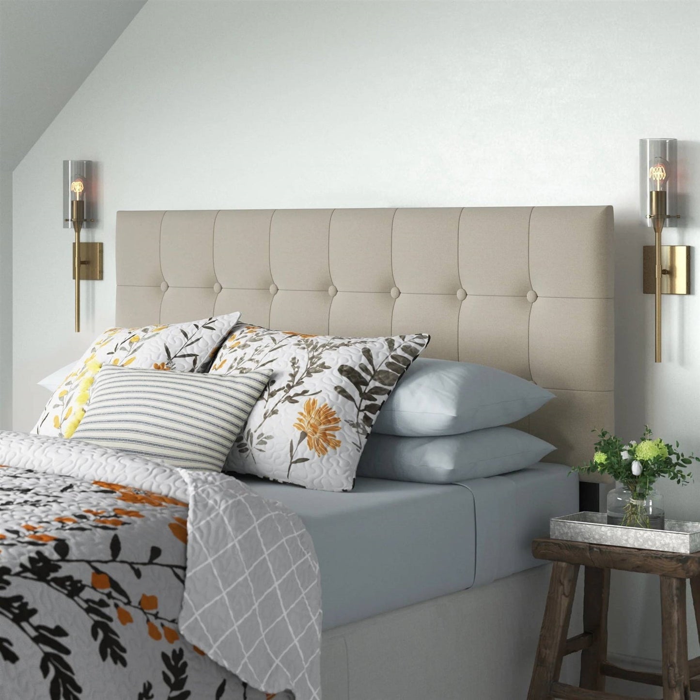 Full size Button-Tufted Headboard in Light Grey Taupe Beige Upholstered Fabric LuxuryLifeWay Online Store
