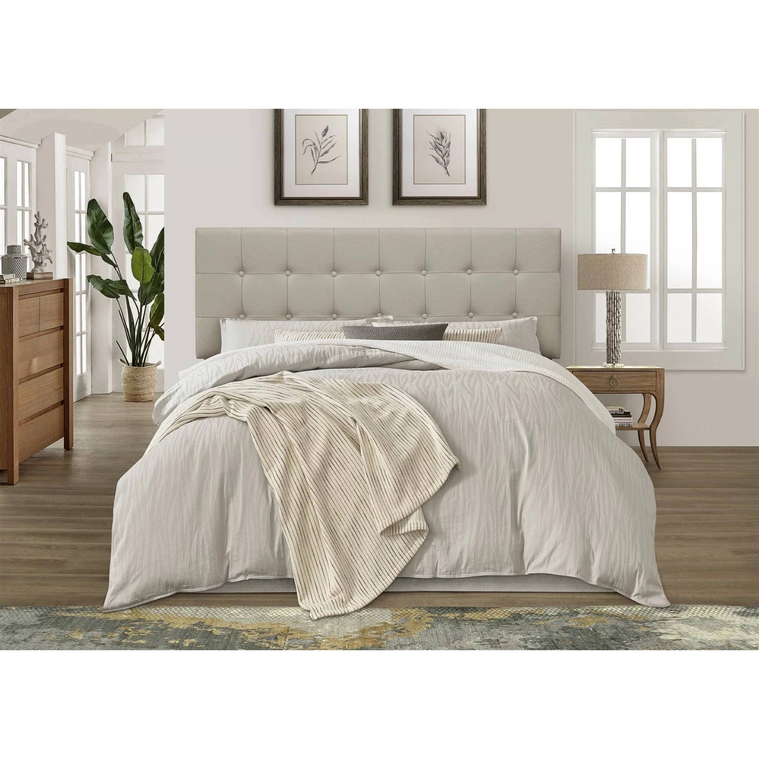 Full size Button-Tufted Headboard in Light Grey Taupe Beige Upholstered Fabric LuxuryLifeWay Online Store