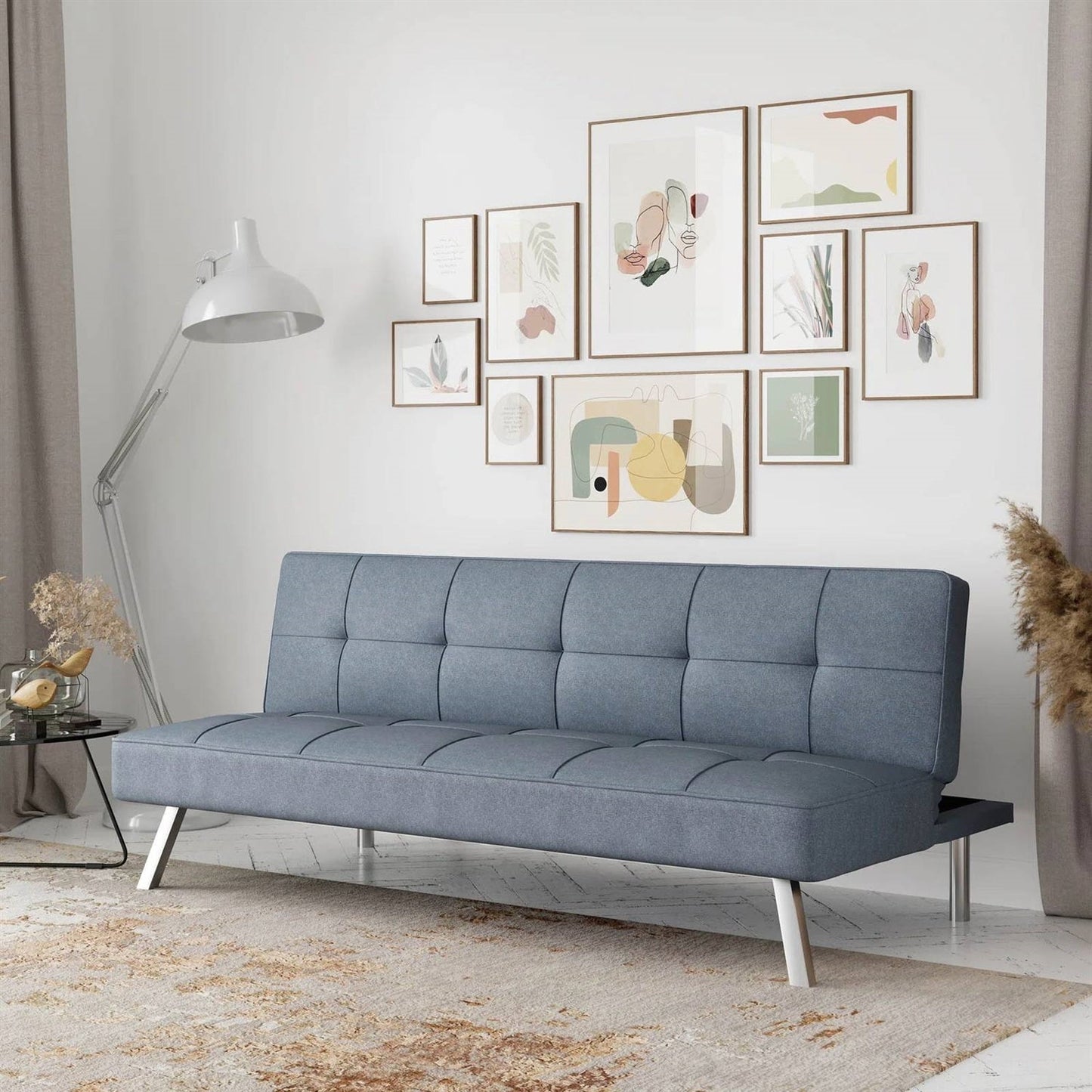 Modern Futon Sofa Bed in Light Gray Fabric with Chrome Metal Legs LuxuryLifeWay Online Store