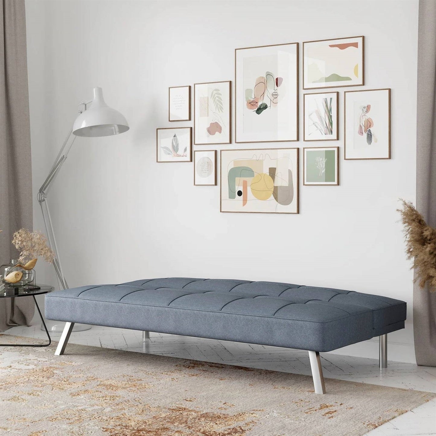 Modern Futon Sofa Bed in Light Gray Fabric with Chrome Metal Legs LuxuryLifeWay Online Store