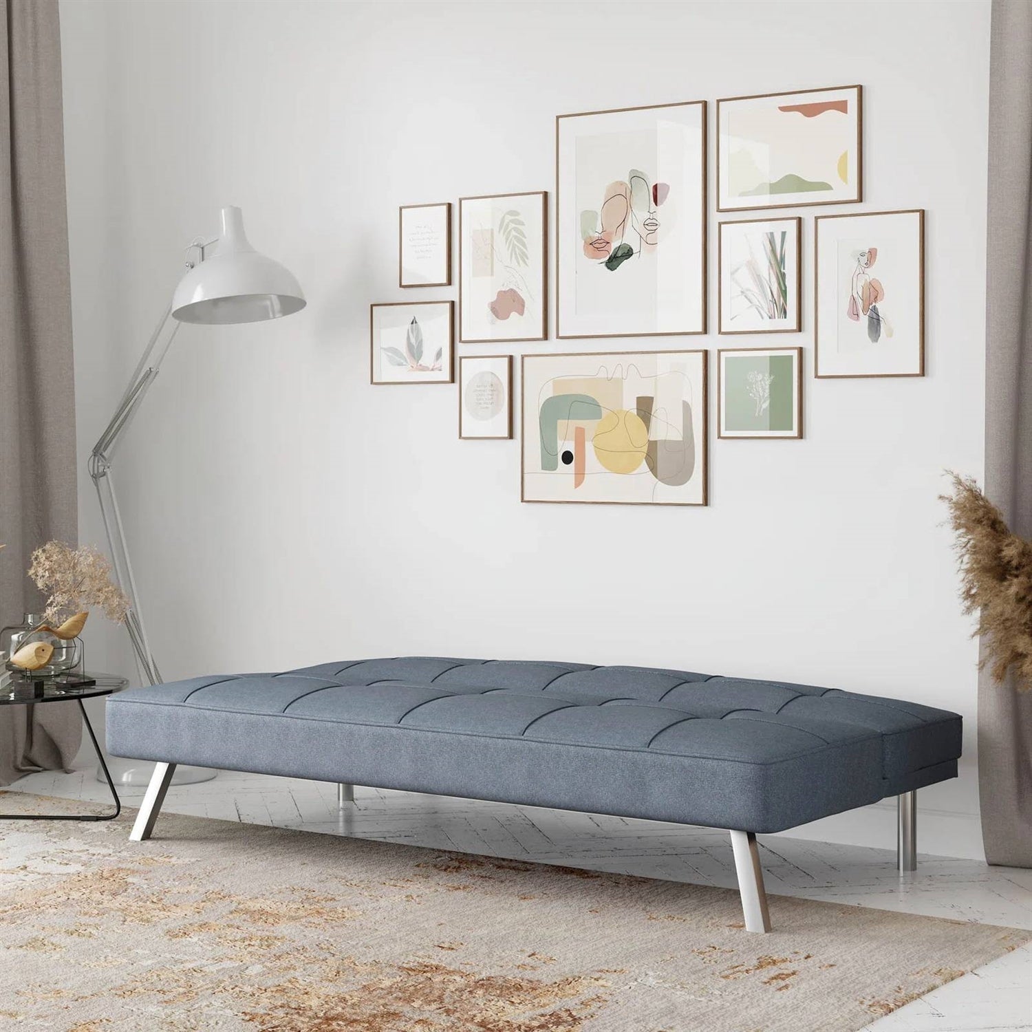 Modern Futon Sofa Bed in Light Gray Fabric with Chrome Metal Legs LuxuryLifeWay Online Store