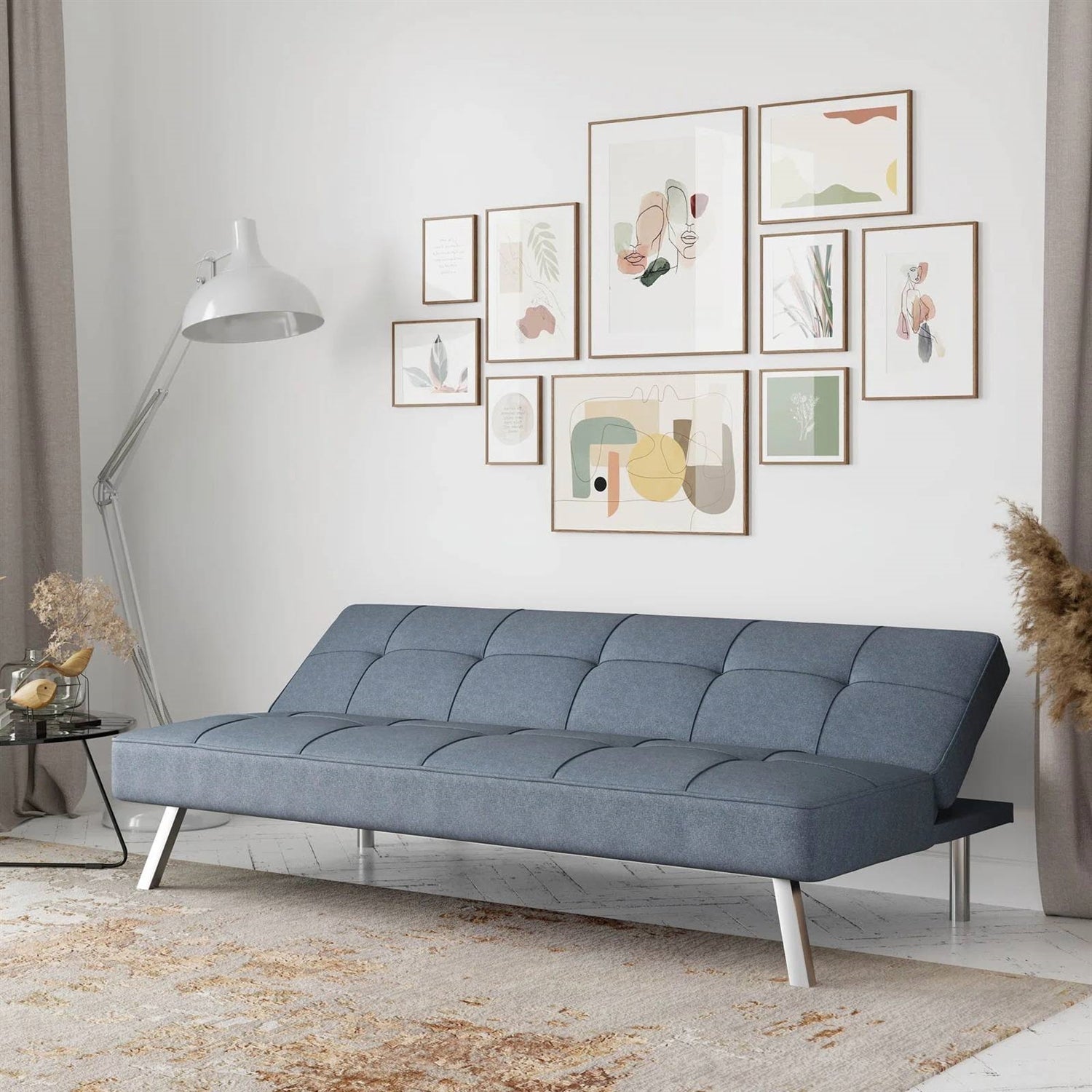 Modern Futon Sofa Bed in Light Gray Fabric with Chrome Metal Legs LuxuryLifeWay Online Store