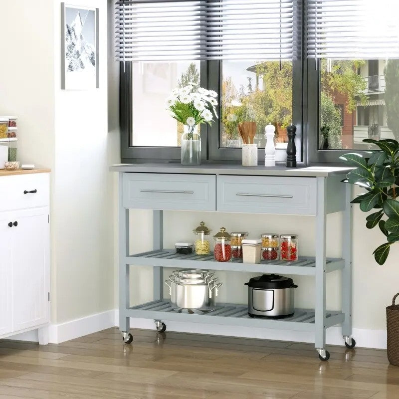 Light Gray Rolling Kitchen Island 2 Drawers Storage with Stainless Steel Top LuxuryLifeWay Online Store