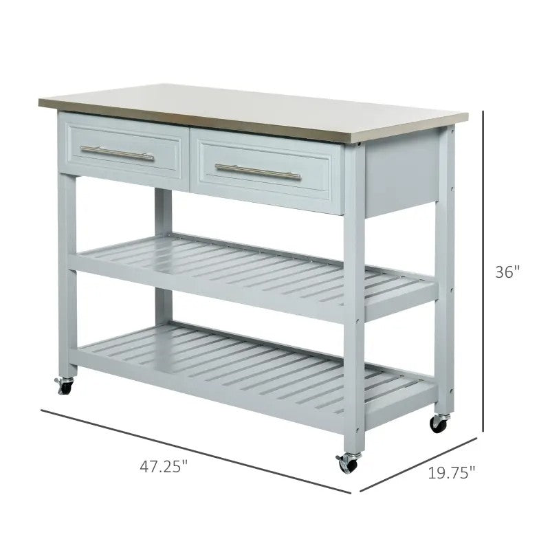 Light Gray Rolling Kitchen Island 2 Drawers Storage with Stainless Steel Top LuxuryLifeWay Online Store