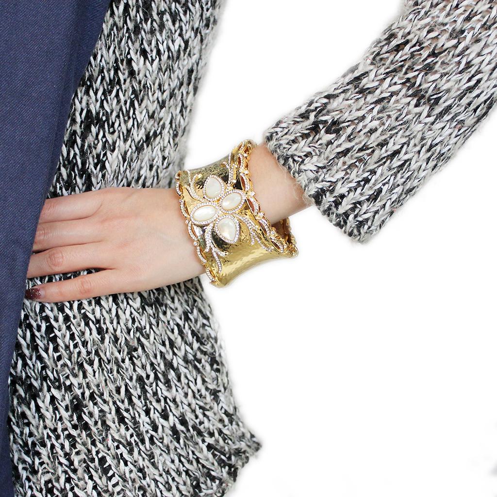 LO4285 - Gold Brass Bangle with Synthetic  in White LuxuryLifeWay Online Store