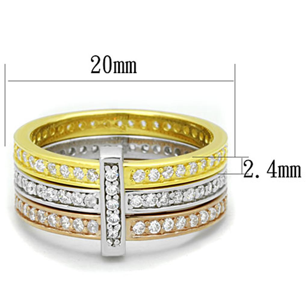 LOS811 - Rhodium + Gold + Rose Gold 925 Sterling Silver Ring with AAA Grade CZ  in Clear LuxuryLifeWay Online Store