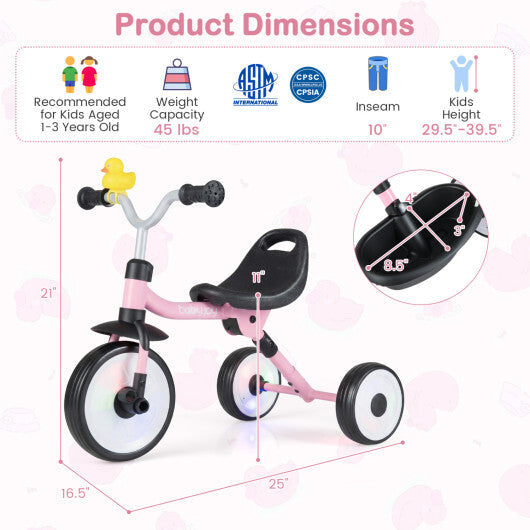 Glowing Wheels Toddler Tricycle  Foldable Kids Trike with Basket and Duck Bell LuxuryLifeWay Online Store