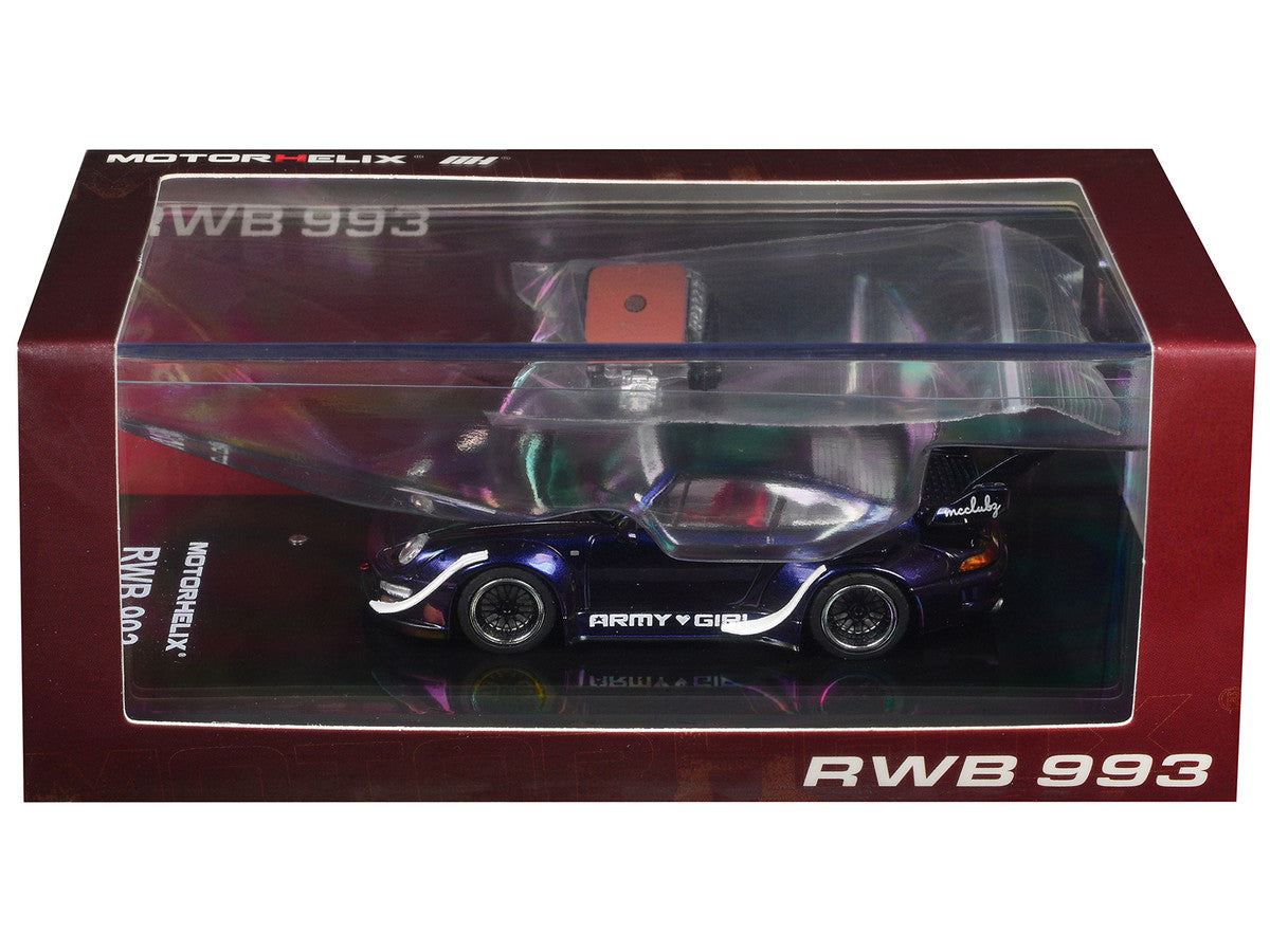 RWB 993 "Army Girl" Blue Metallic with White Accents and Display Engin 1/64 Diecast Model Car by MotorHelix LuxuryLifeWay Online Store