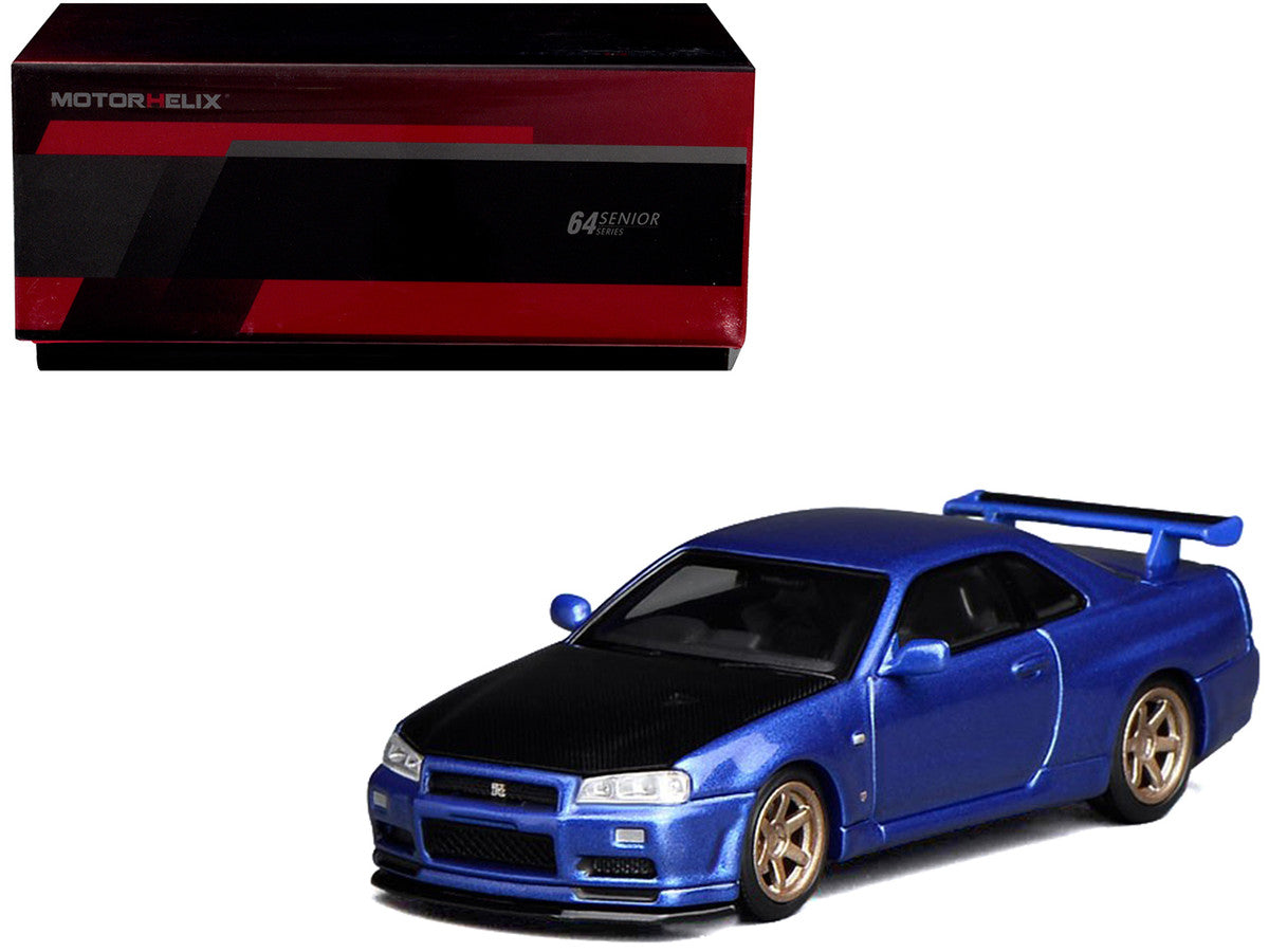 Nissan Skyline GT-R (R34) V-Spec II RHD (Right Hand Drive) Bayside Blue Metallic with Carbon Hood "Senior 64" Series 1/64 Diecast Model Car by MotorHelix LuxuryLifeWay Online Store