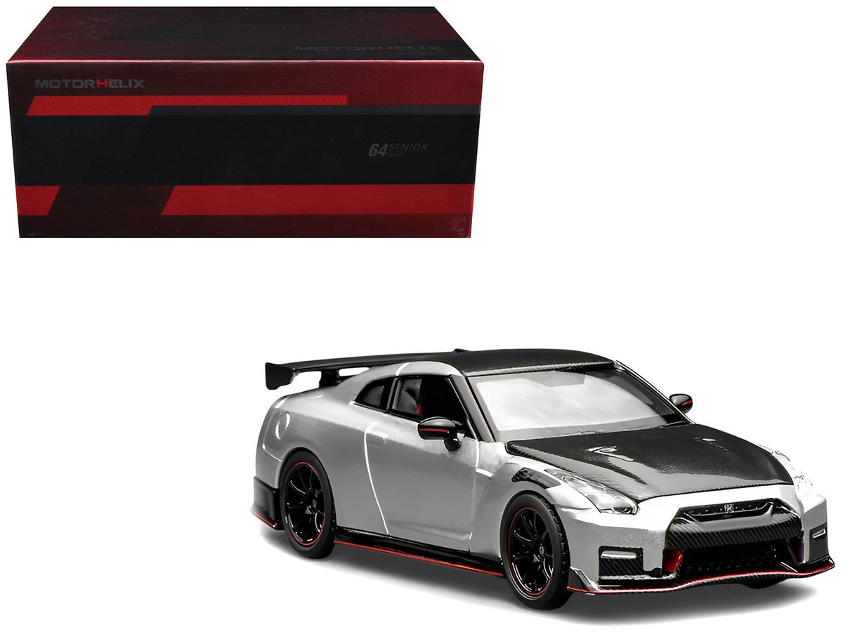 2022 Nissan GT-R Nismo (R35) RHD (Right Hand Drive) Ultimate Metal Silver Metallic with Carbon Hood and Top "Senior 64" Series 1/64 Diecast Model Car by MotorHelix LuxuryLifeWay Online Store