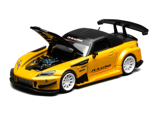 Honda S2000 RHD (Right Hand Drive) "J's Racing" New Indy Yellow Pearl with Carbon Hood and Top 1/64 Diecast Model Car by MotorHelix LuxuryLifeWay Online Store