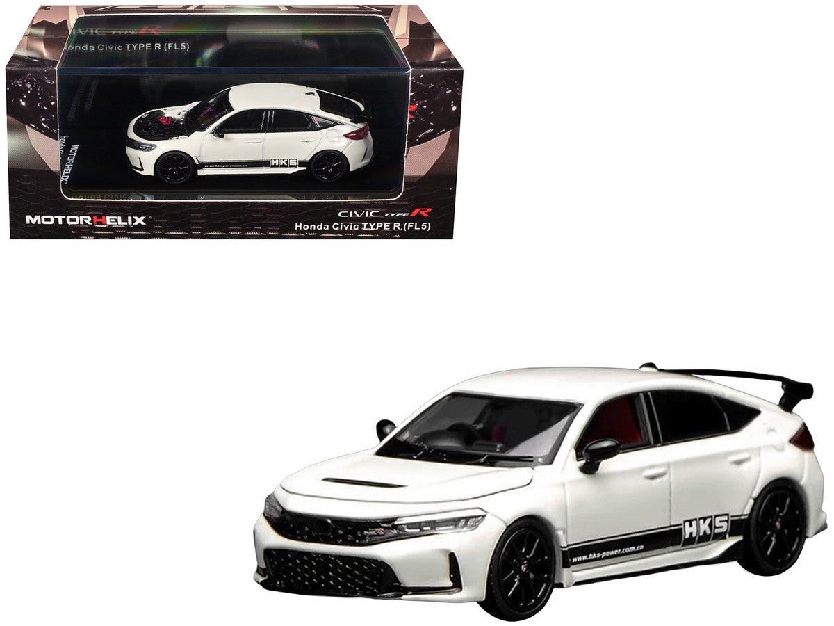 Honda Civic Type R (FL5) RHD (Right Hand Drive) "HKS" White with Black Stripes 1/64 Diecast Model Car by MotorHelix LuxuryLifeWay Online Store