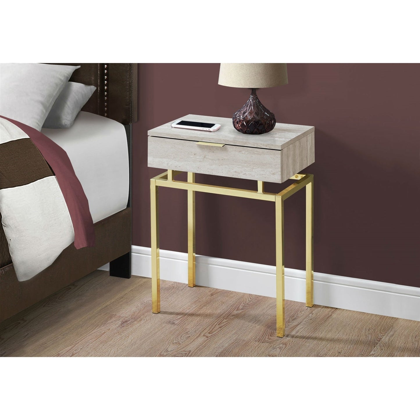 24in Modern End Table 1 Drawer Nightstand Beige Marble Gold Legs LuxuryLifeWay Online Store