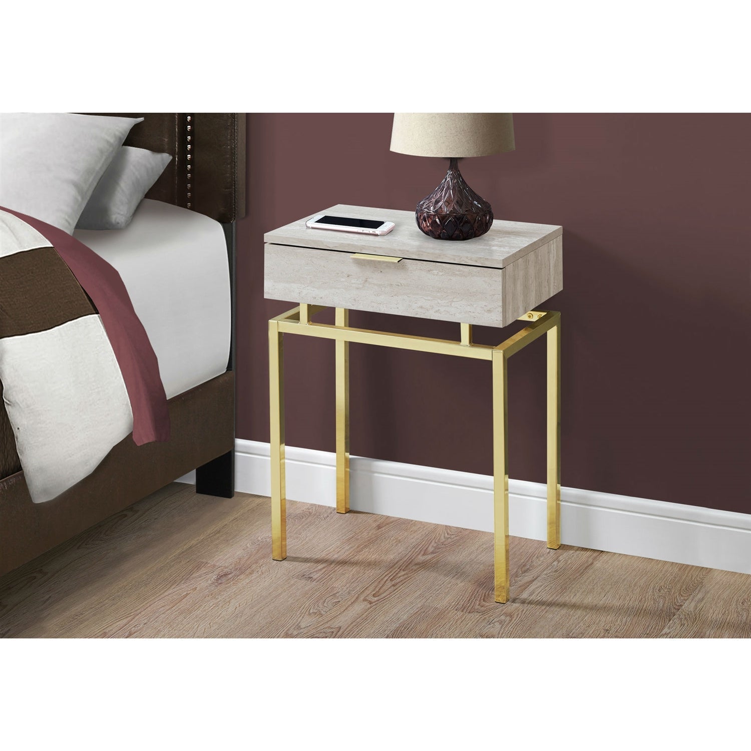 24in Modern End Table 1 Drawer Nightstand Beige Marble Gold Legs LuxuryLifeWay Online Store