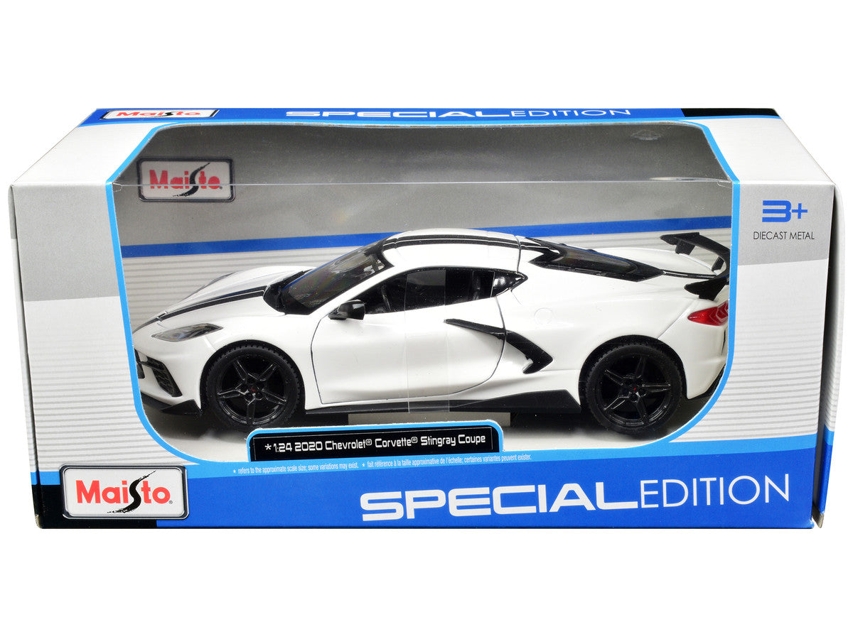 2020 Chevrolet Corvette Stingray Coupe White with Black Stripes "Special Edition" Series 1/24 Diecast Model Car by Maisto LuxuryLifeWay Online Store