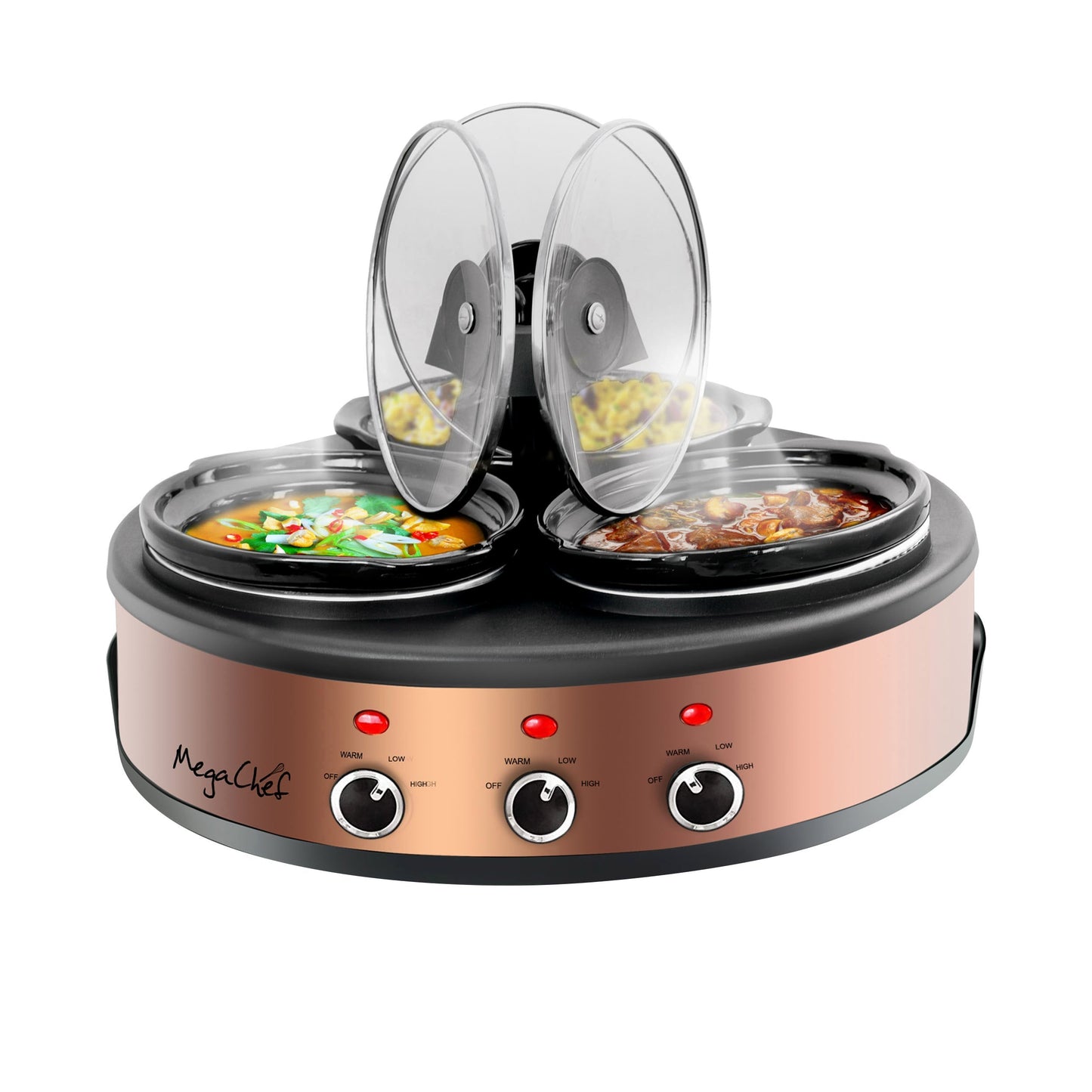MegaChef Round Triple 1.5 Quart Slow Cooker and Buffet Server in Brushed Copper and Black Finish with 3 Ceramic Cooking Pots and Removable Lid Rests LuxuryLifeWay Online Store