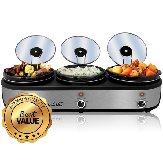 MegaChef Triple 2.5 Quart Slow Cooker and Buffet Server in Brushed Silver and Black Finish with 3 Ceramic Cooking Pots and Removable Lid Rests LuxuryLifeWay Online Store