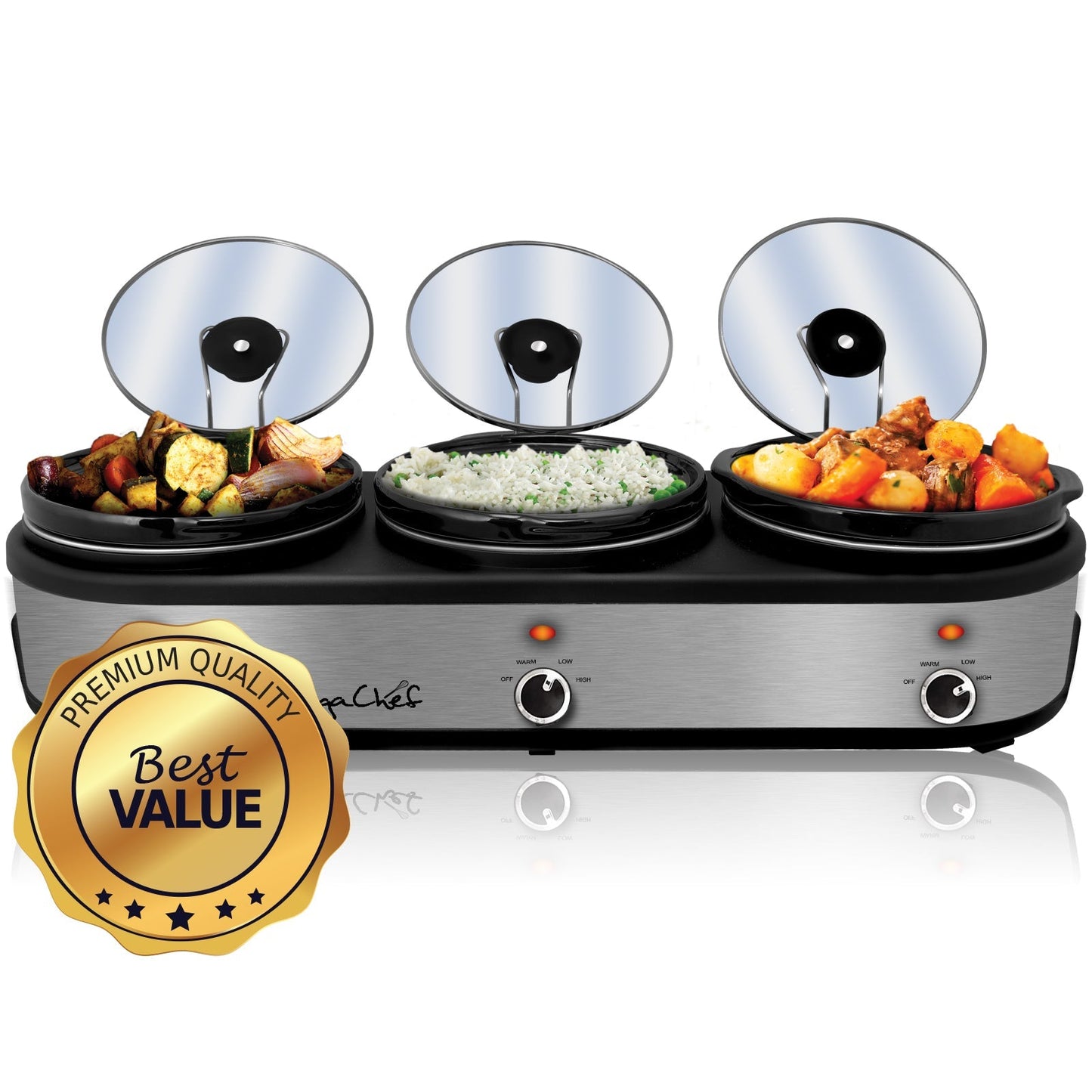 MegaChef Triple 2.5 Quart Slow Cooker and Buffet Server in Brushed Silver and Black Finish with 3 Ceramic Cooking Pots and Removable Lid Rests LuxuryLifeWay Online Store