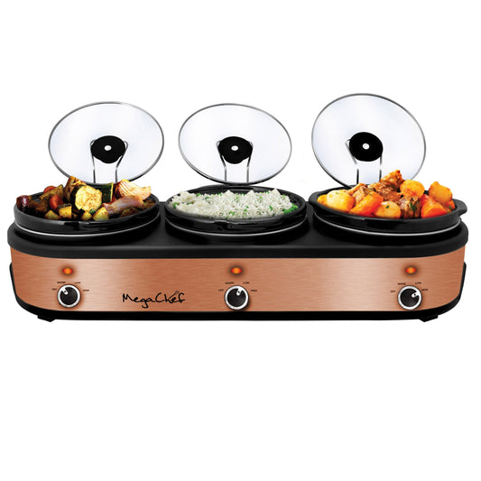 MegaChef Triple 2.5 Quart Slow Cooker and Buffet Server in Brushed Copper and Black Finish with 3 Ceramic Cooking Pots and Removable Lid Rests LuxuryLifeWay Online Store