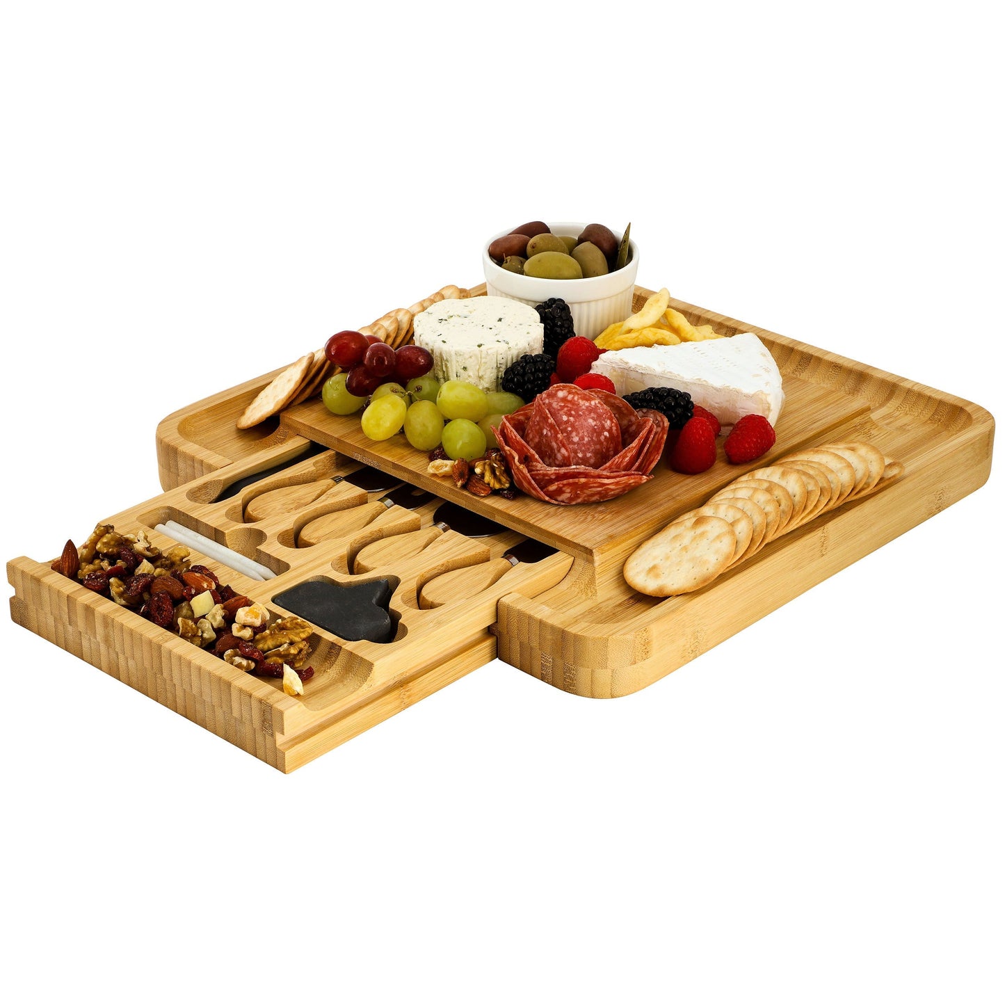 MegaChef Bamboo Charcuterie Cheese Board with Slide Out Drawer with Cheese Utensils, Bottle Opener, and 3 Piece Mini Chalkboard Set LuxuryLifeWay Online Store