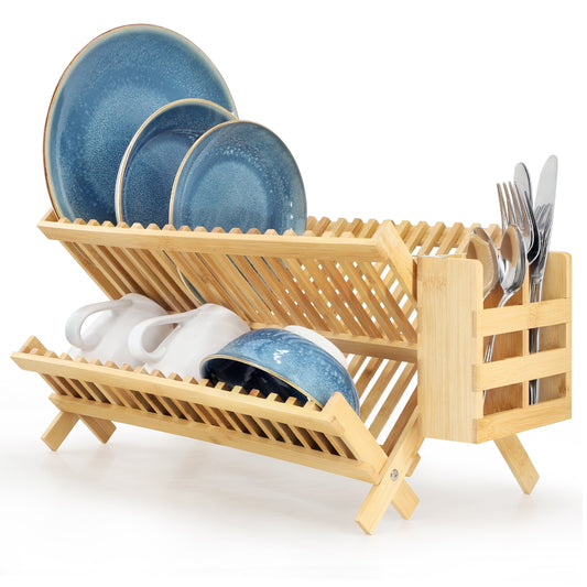 MegaChef 2-Tier Collapsible Kitchen Bamboo Drying Dish Rack with Utensil Holder LuxuryLifeWay Online Store