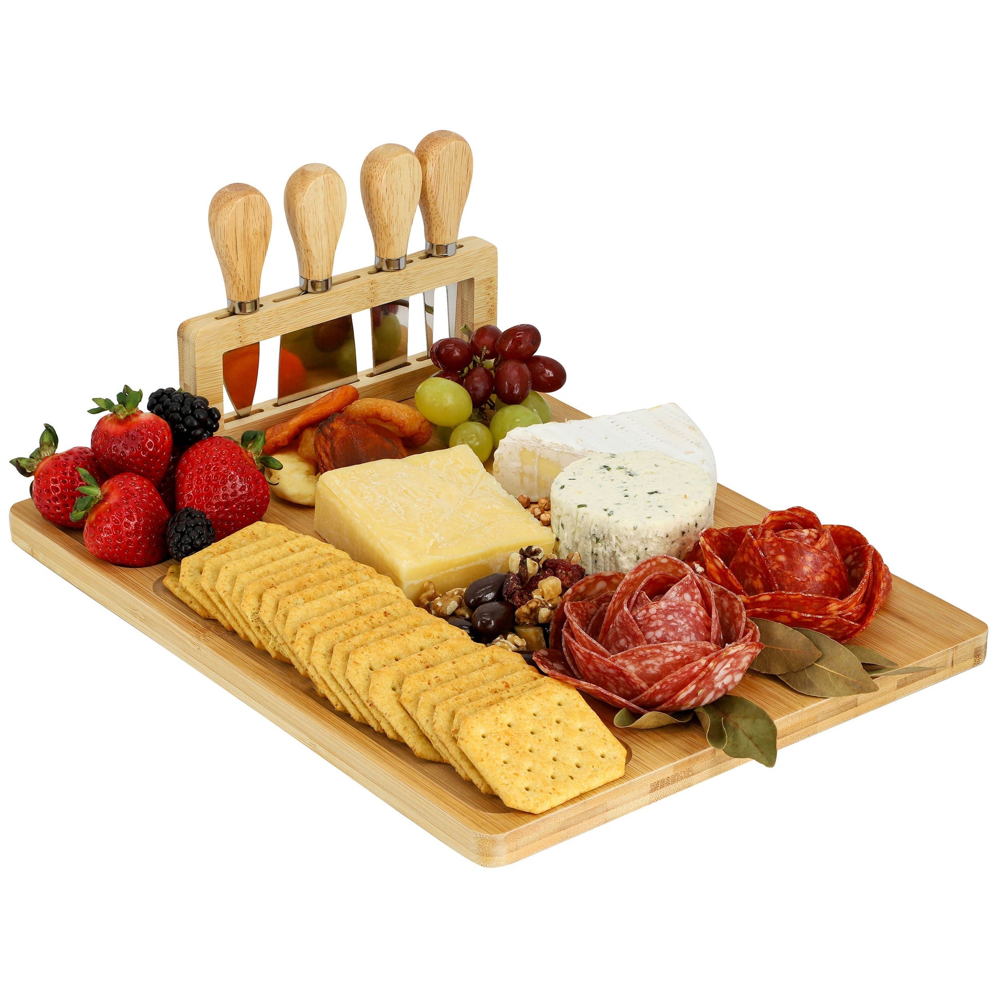 MegaChef Bamboo Charcuterie and Cheese Board with Knife Stand Attachment and 4 Piece Knife Set LuxuryLifeWay Online Store