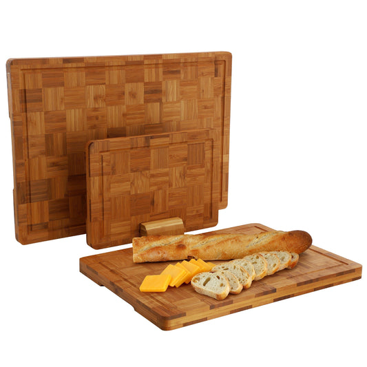 MegaChef 3 Piece Bamboo Checkered Pattern Cutting Board Set with Storage Holder LuxuryLifeWay Online Store