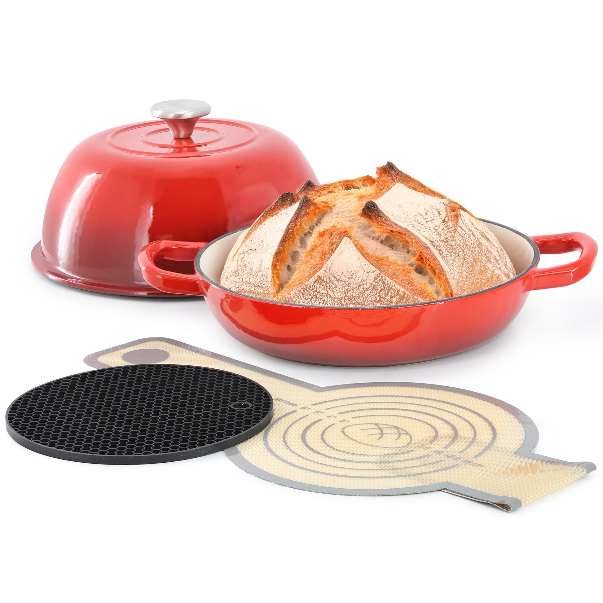 MegaChef 6 Quart Enameled Cast Iron Bread Pot in Red with Baking Mat LuxuryLifeWay Online Store