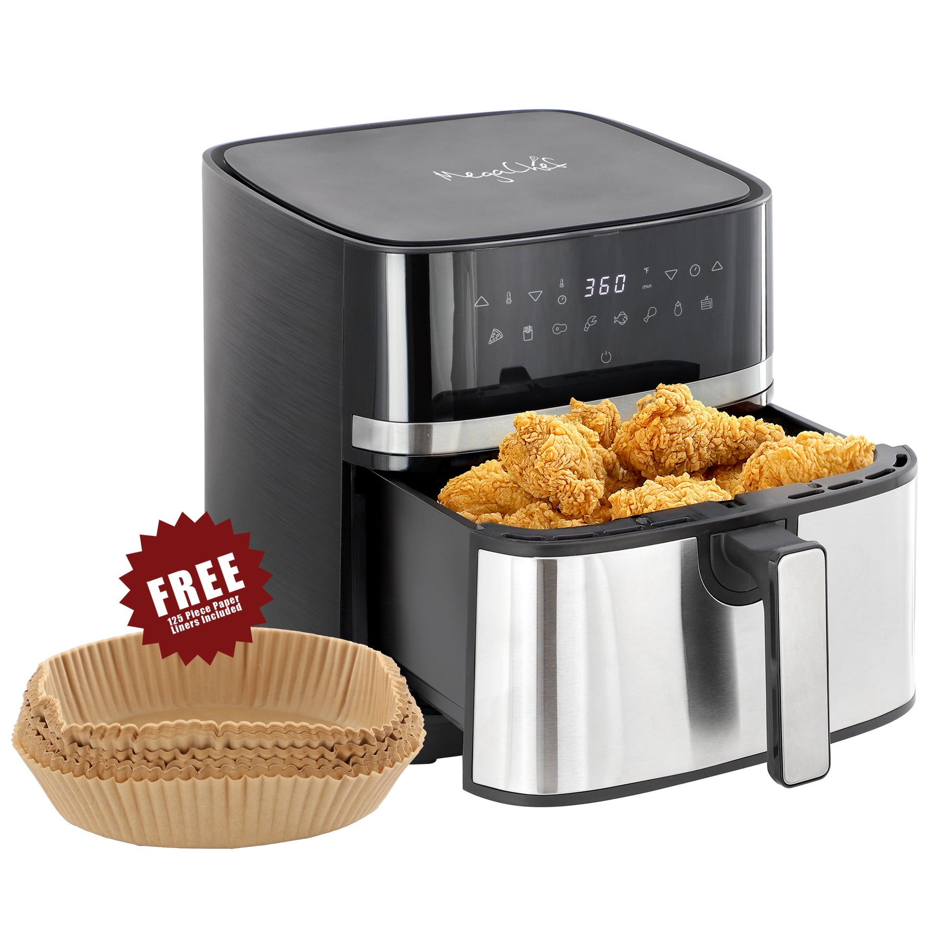MegaChef 8.5 Quart Bundle Electric Air Fryer in Black and Stainless Steel with 125 Piece Paper Liners LuxuryLifeWay Online Store