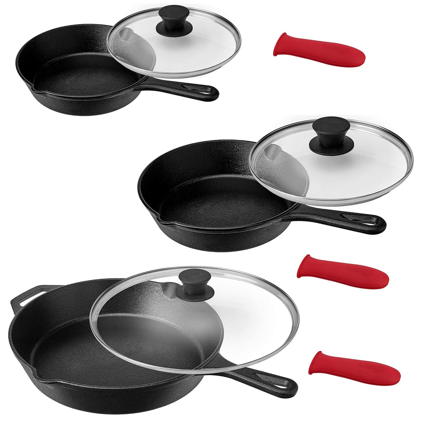 MegaChef Pre-Seasoned 9 Piece Cast Iron Skillet Set with Lids and Red Silicone Holder LuxuryLifeWay Online Store