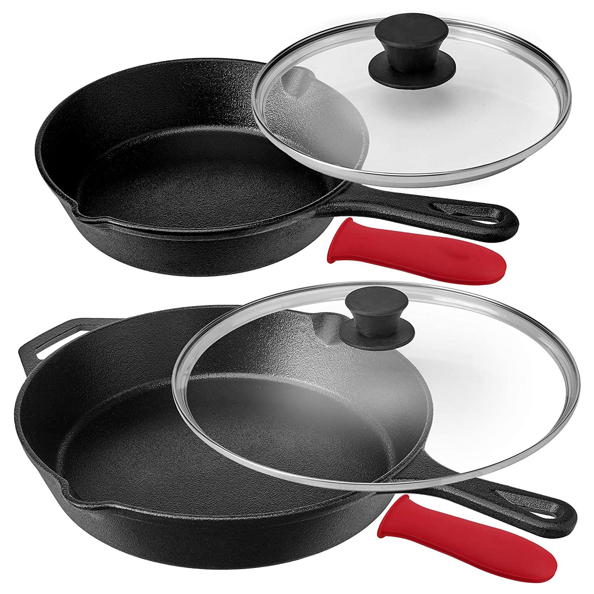 MegaChef Pre-Seasoned 6 Piece Cast Iron Skillet Set with Lids and Red Silicone Holders LuxuryLifeWay Online Store