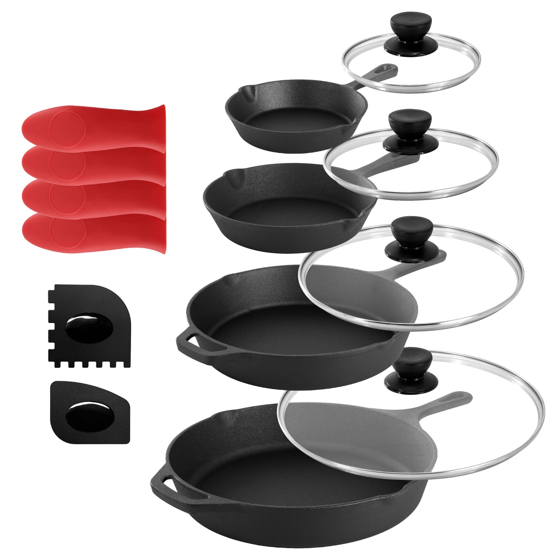 MegaChef 13 Piece Cast Iron Skillet Set with Tempered Glass Lids and Silicone Holders LuxuryLifeWay Online Store