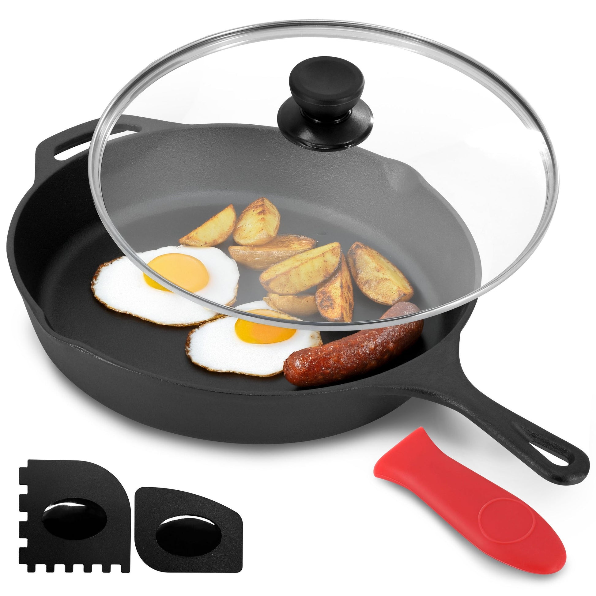 MegaChef 12 Inch Pre-Seasoned Cast Iron Skillet with Tempered Glass Lid LuxuryLifeWay Online Store