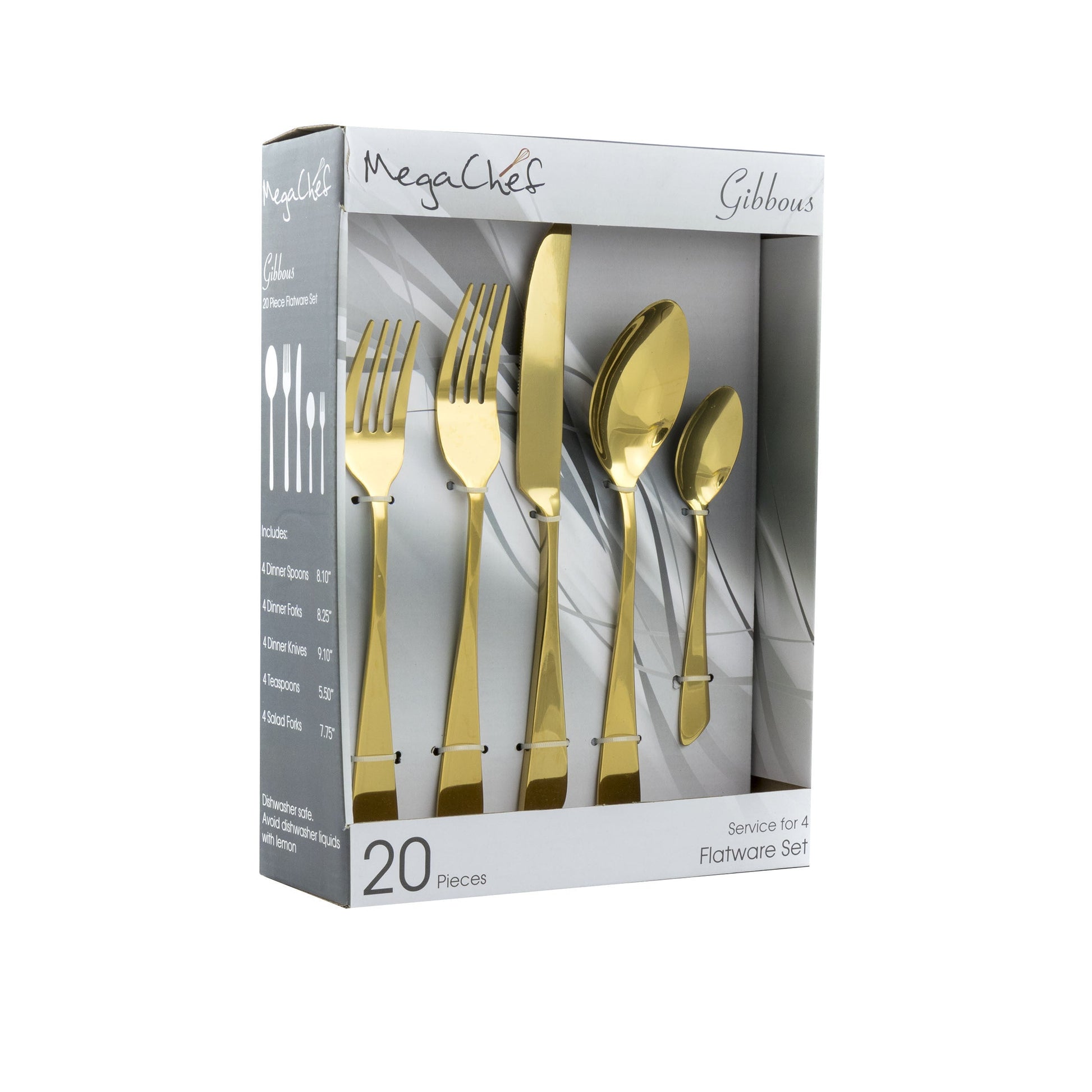 MegaChef Gibbous 20 Piece Flatware Utensil Set, Stainless Steel Silverware Metal Service for 4 in Gold LuxuryLifeWay Online Store