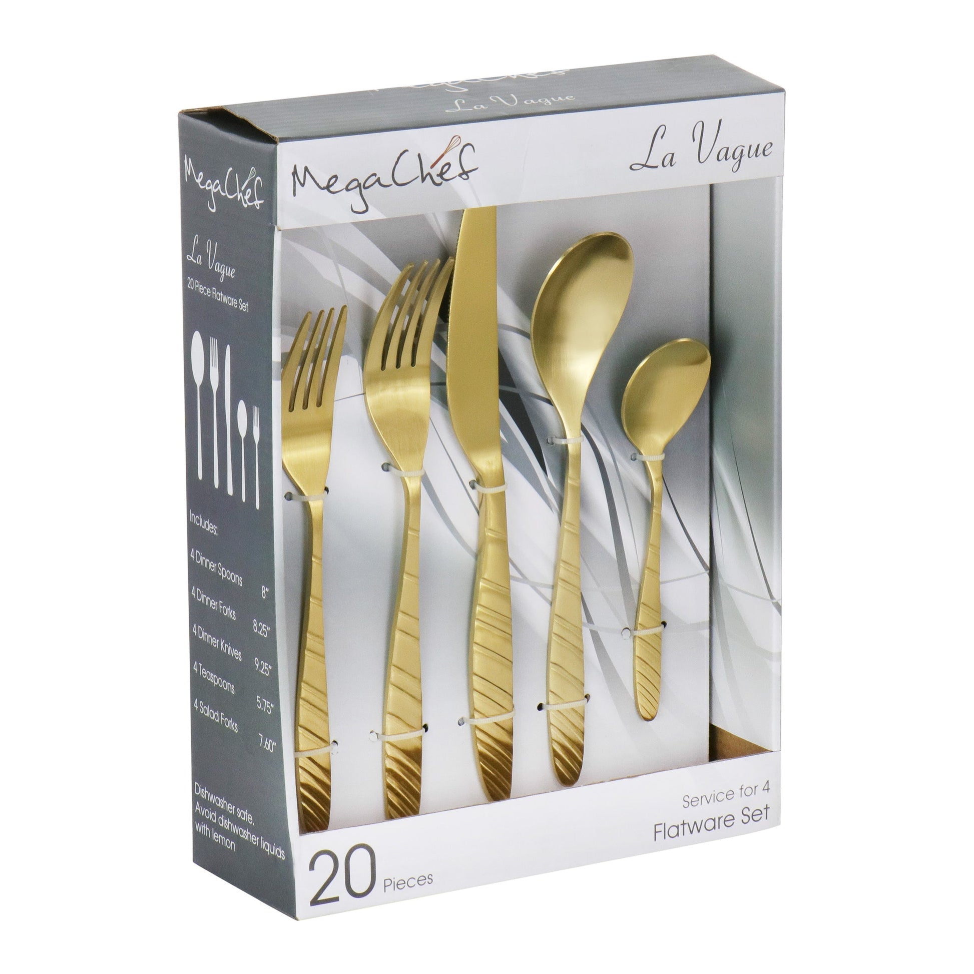 Megachef La Vague 20 Piece Flatware Utensil Set, Stainless Steel Silverware Metal Service for 4 in Matte Gold LuxuryLifeWay Online Store