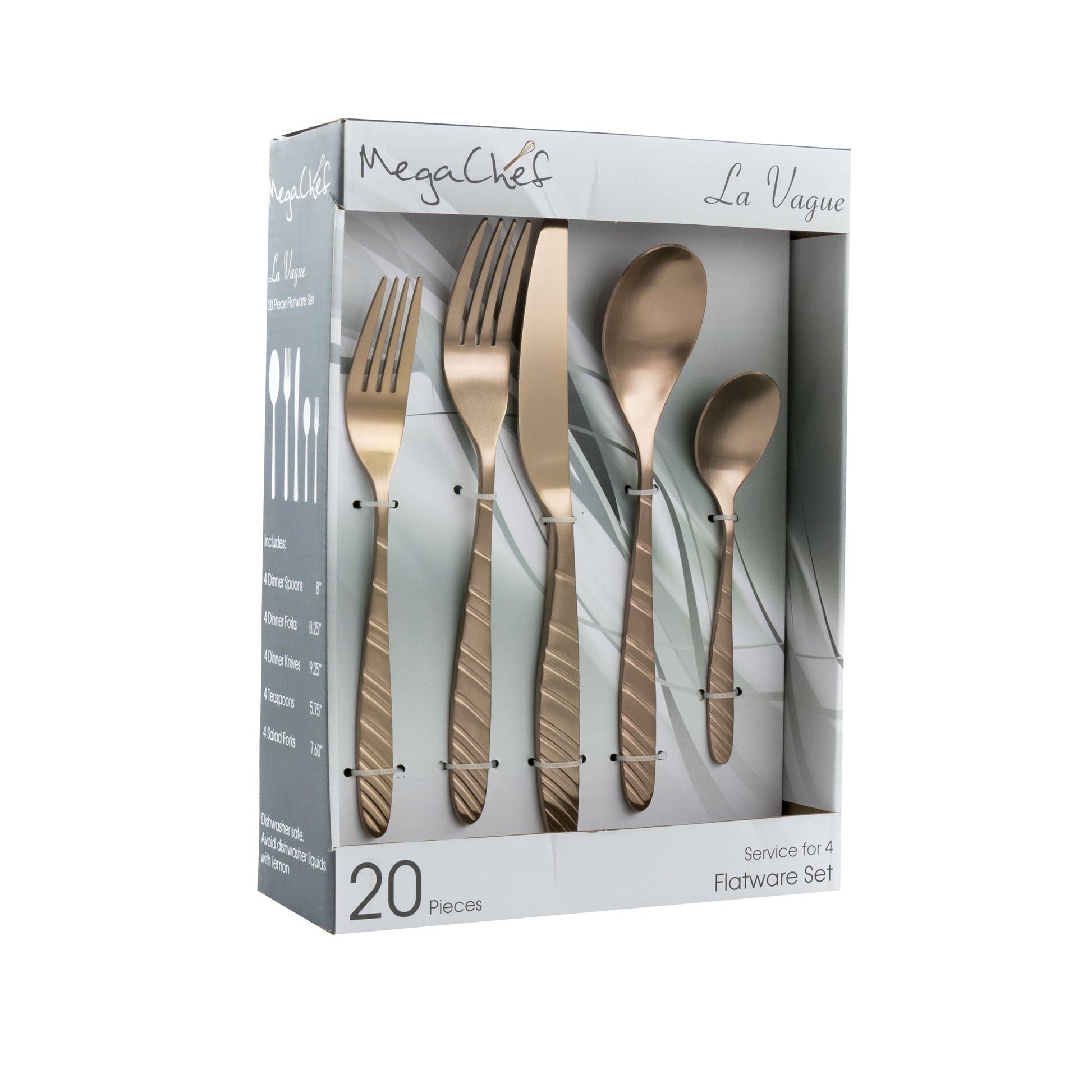 MegaChef La Vague 20 Piece Flatware Utensil Set, Stainless Steel Silverware Metal Service for 4 in Matte Rose Gold LuxuryLifeWay Online Store