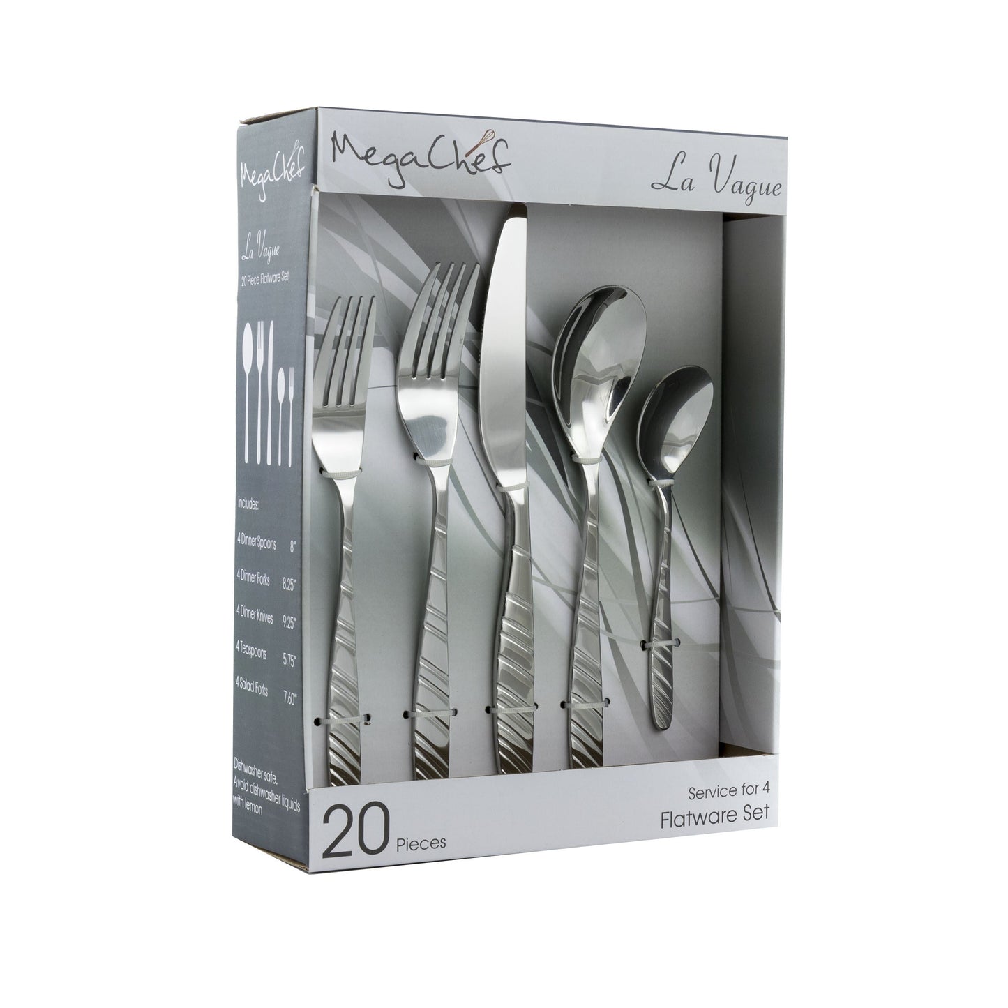 MegaChef La Vague 20 Piece Flatware Utensil Set, Stainless Steel Silverware Metal Service for 4 in Silver LuxuryLifeWay Online Store