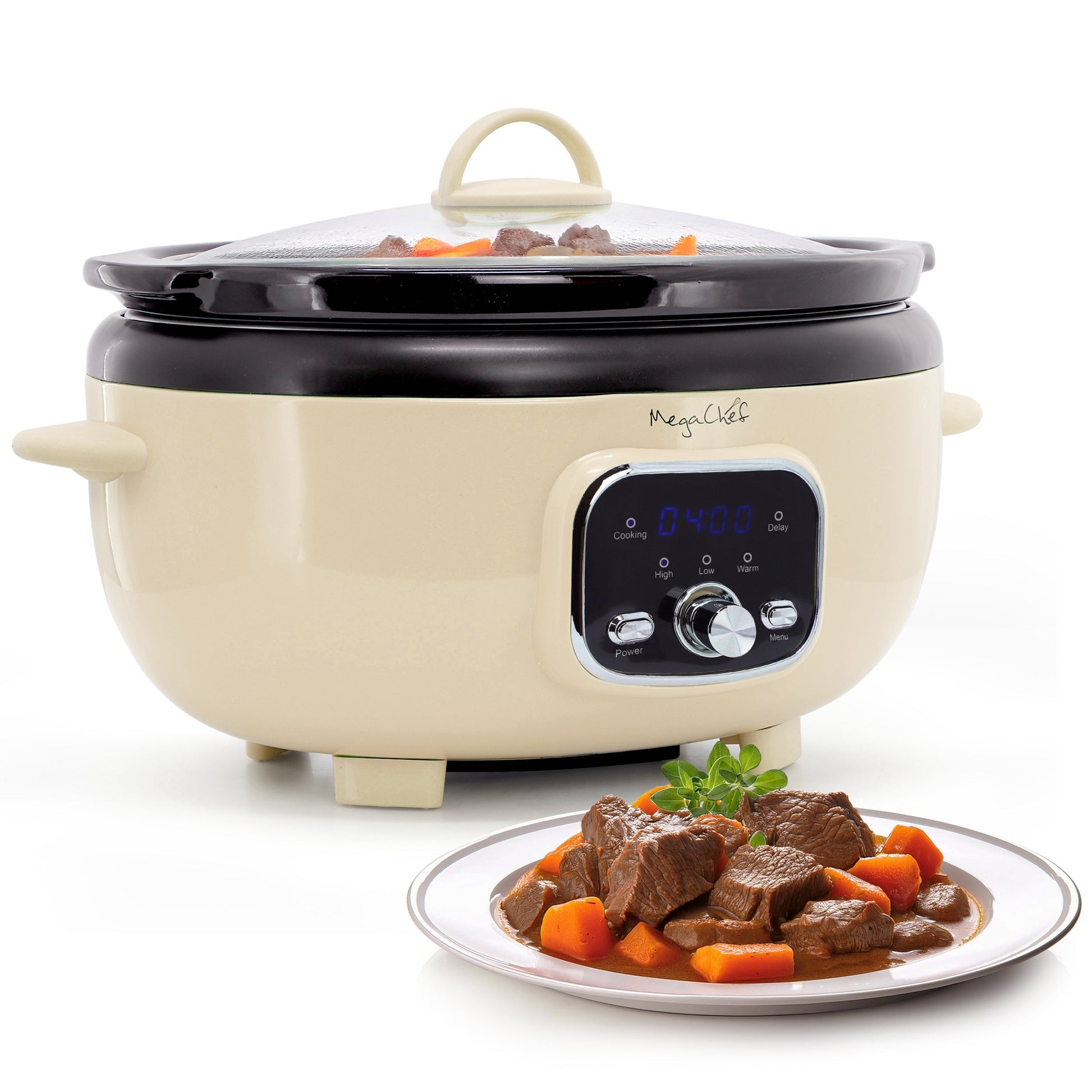MegaChef 6.9 Quart Oval Electric Digital Slow Cooker in Cream with Black Pot LuxuryLifeWay Online Store